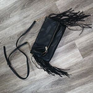 Faux leather black fringe crossbody bag